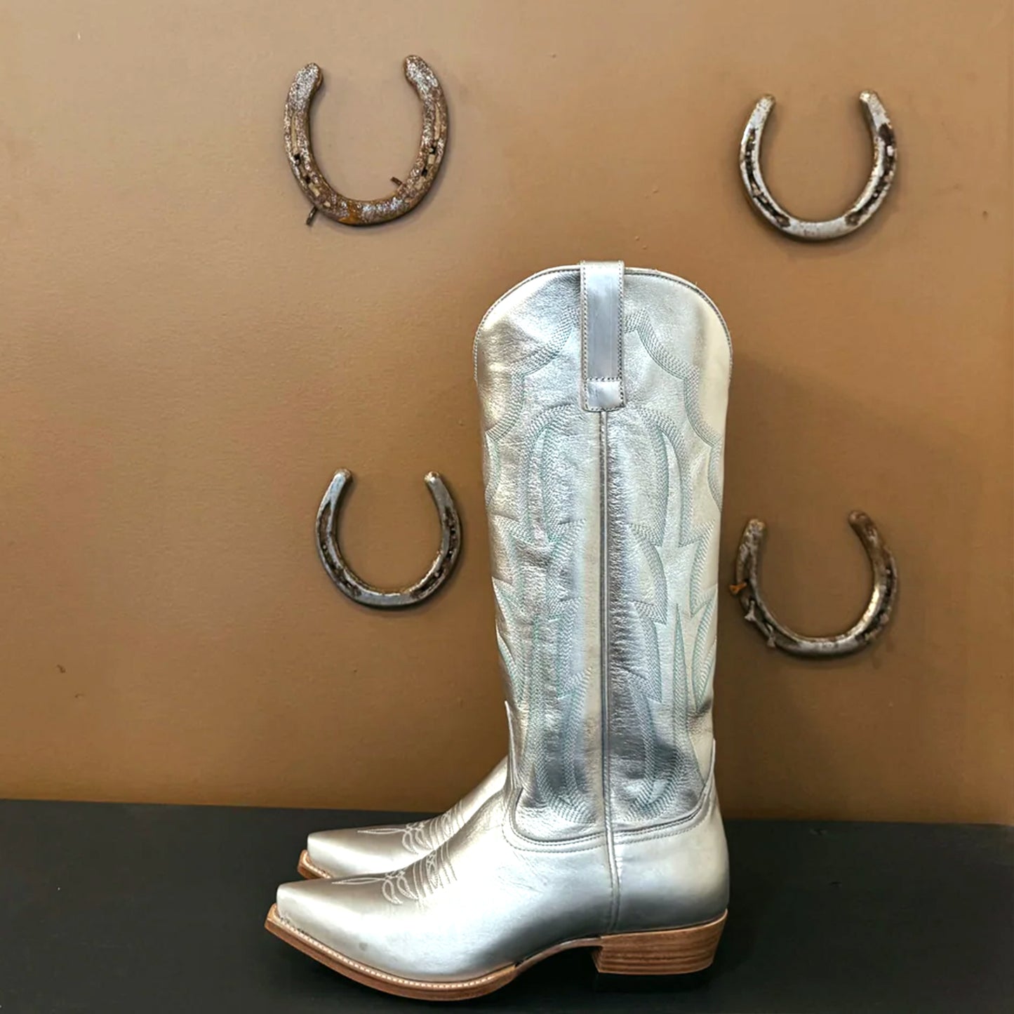 Metallic Silver Snip-Toe Embroidery Wide Calf Knee High Cowgirl Boots