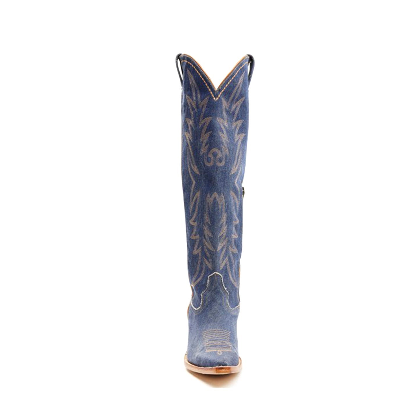 Blue Denim Snip-Toe Half-Zip Embroidery Knee High Cowgirl Boots