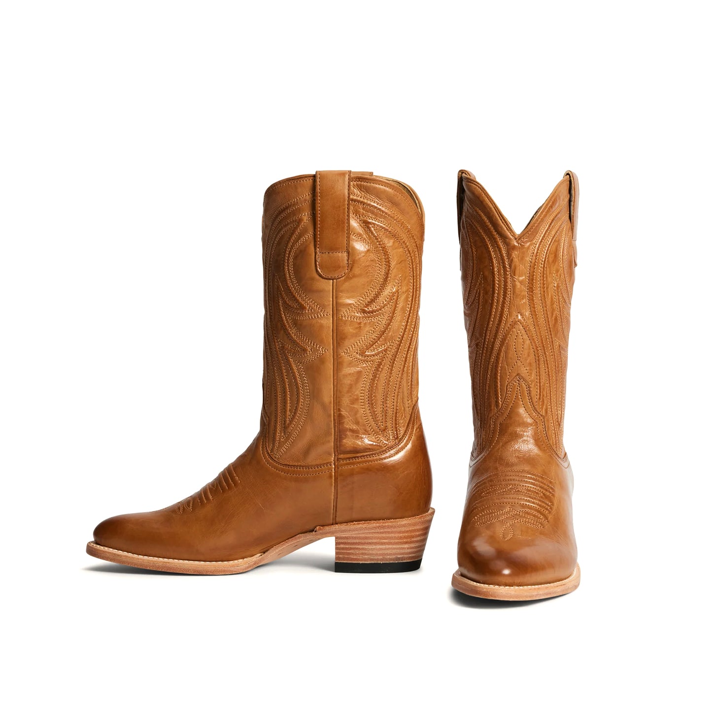 Tan Almond-Toe Embroidery Classic Mid Calf Cowgirl Boots