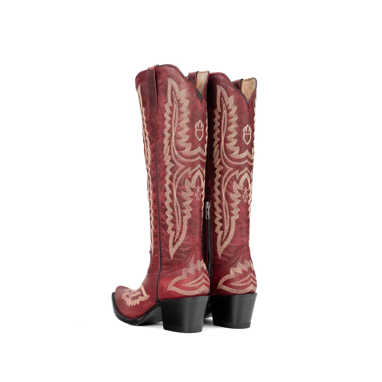 Wine Red Snip-Toe Embroidery Half-Zip Knee High Classic Cowgirl Boots