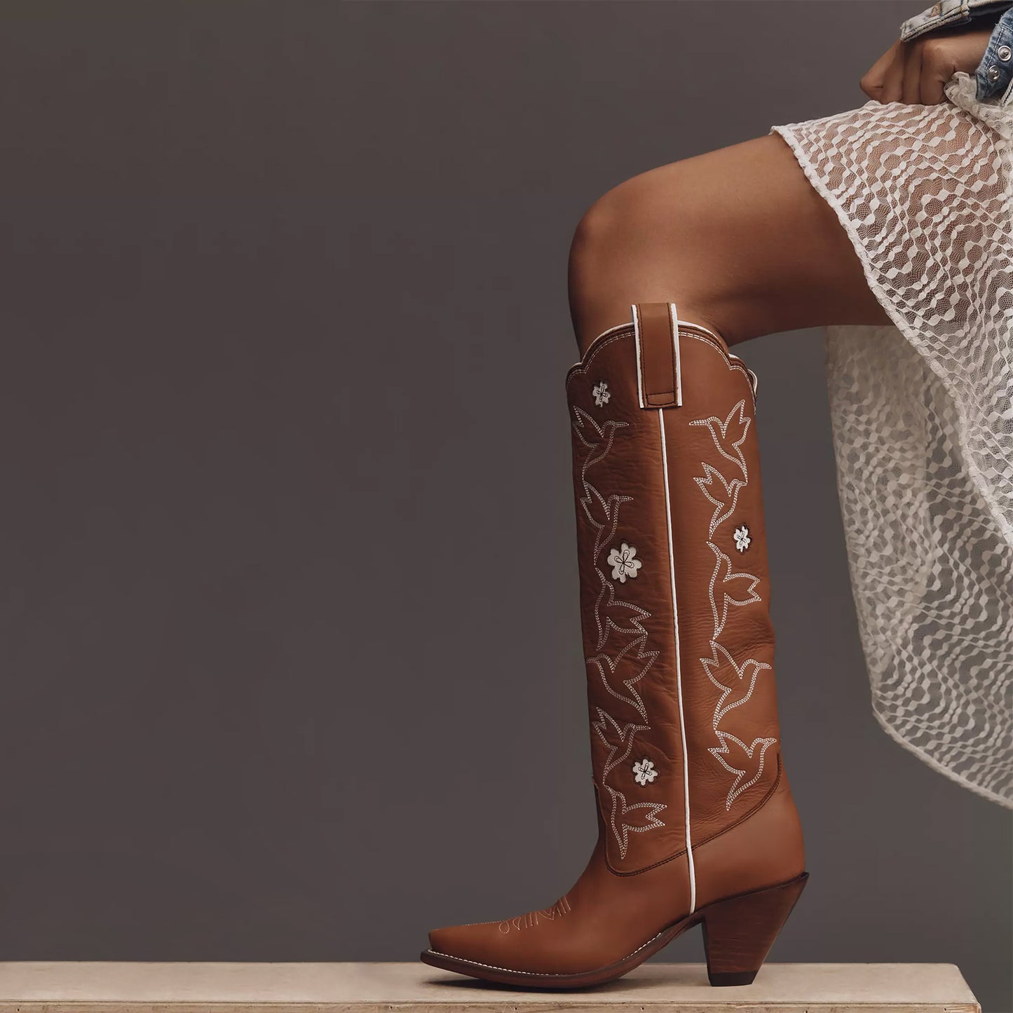Cognac Snip-Toe Embroidery White Flower Inlay Wide Calf Knee High Cowgirl Boots