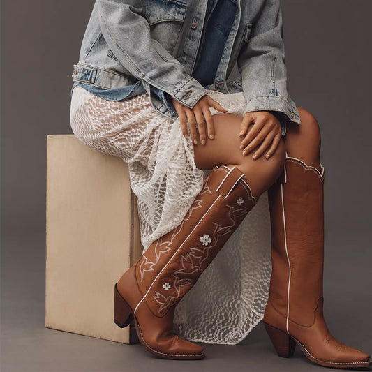 Cognac Snip-Toe Embroidery White Flower Inlay Wide Calf Knee High Cowgirl Boots