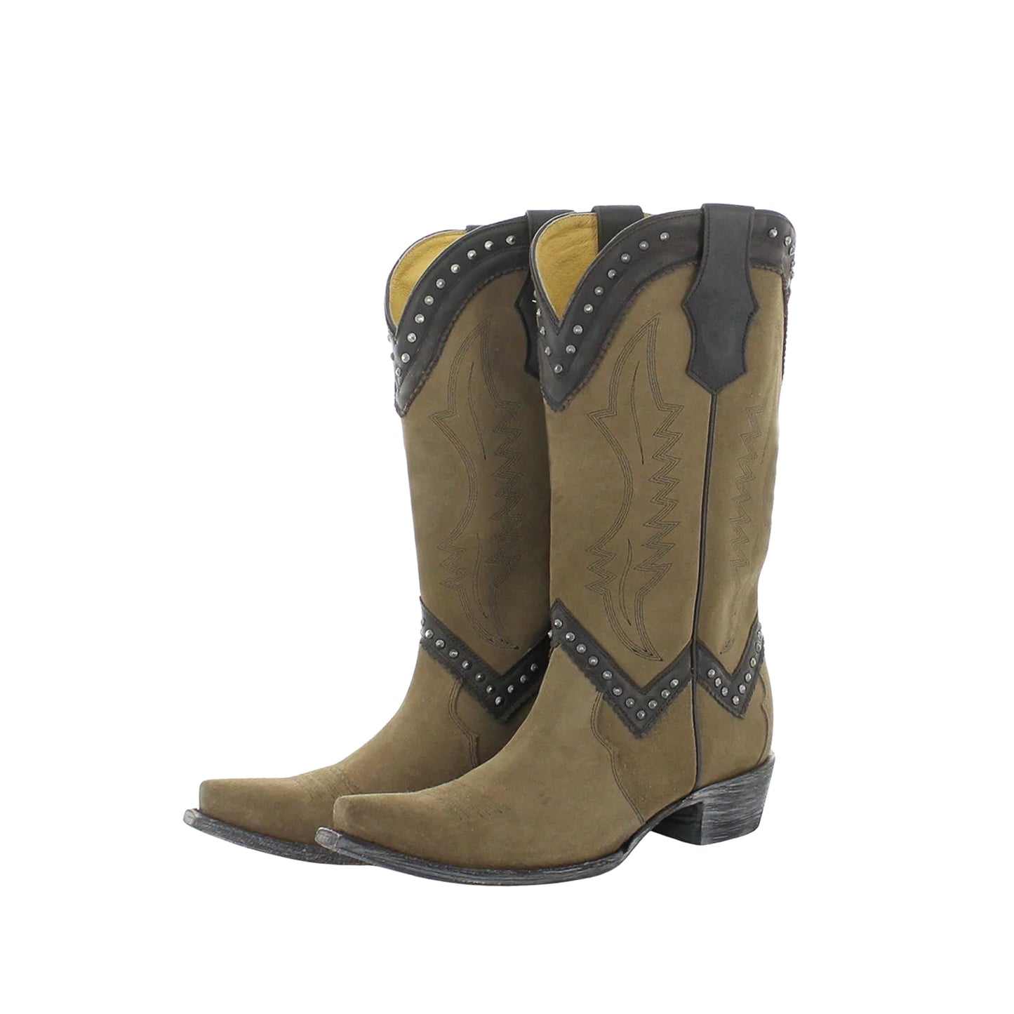 Khaki Faux Suede Snip-Toe Embroidery Studded Mid Calf Cowgirl Boots