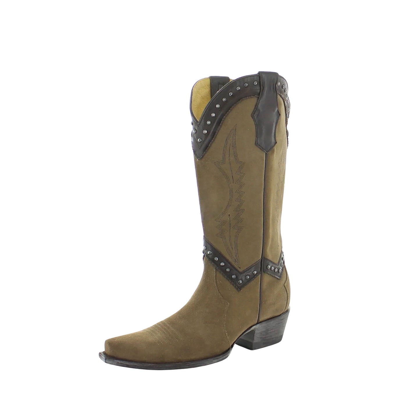 Khaki Faux Suede Snip-Toe Embroidery Studded Mid Calf Cowgirl Boots