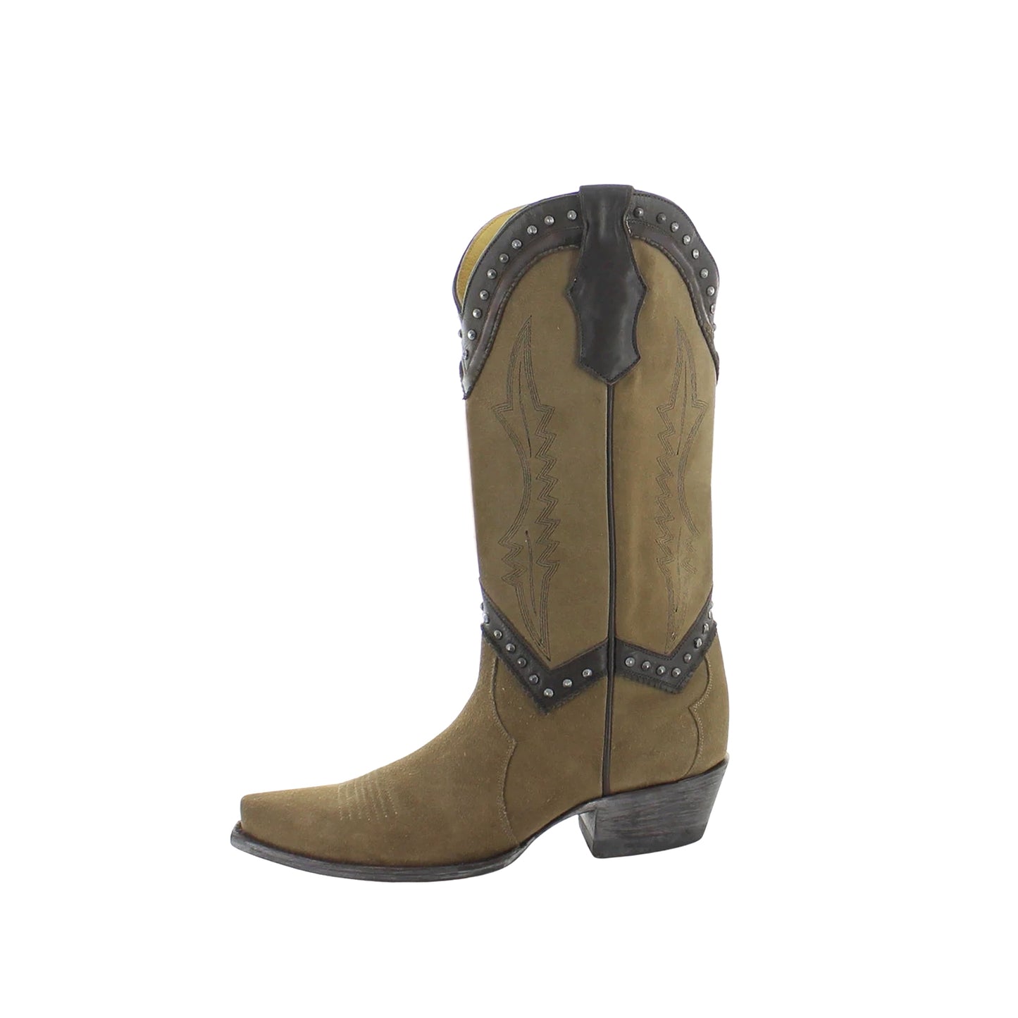 Khaki Faux Suede Snip-Toe Embroidery Studded Mid Calf Cowgirl Boots