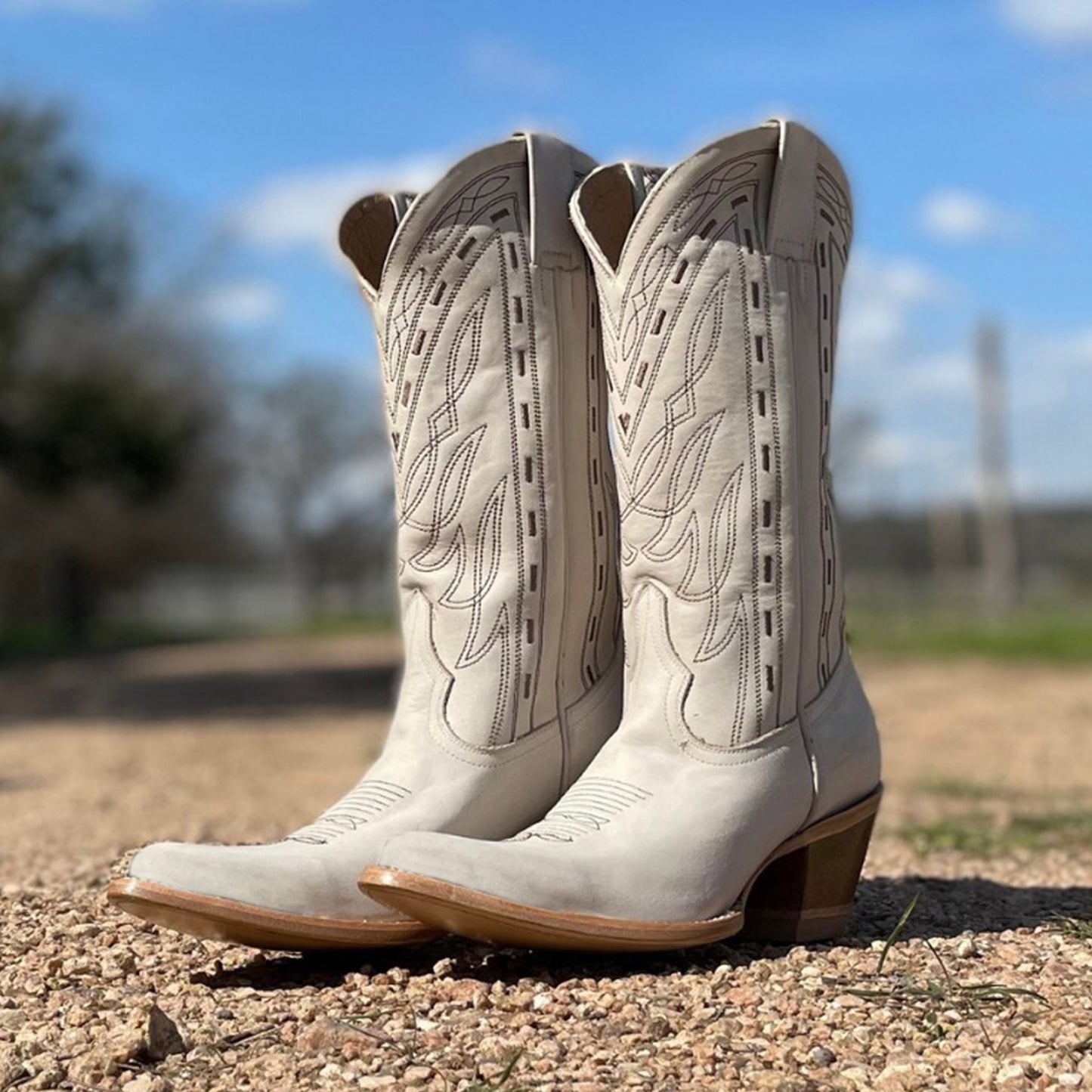 Ivory Pointed-Toe Western Embroidery Mid Calf Cowgirl Boots