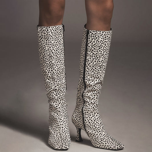 White Pony Hair Print Square-Toe Black Spots Full-Zip Knee High Stiletto Boots