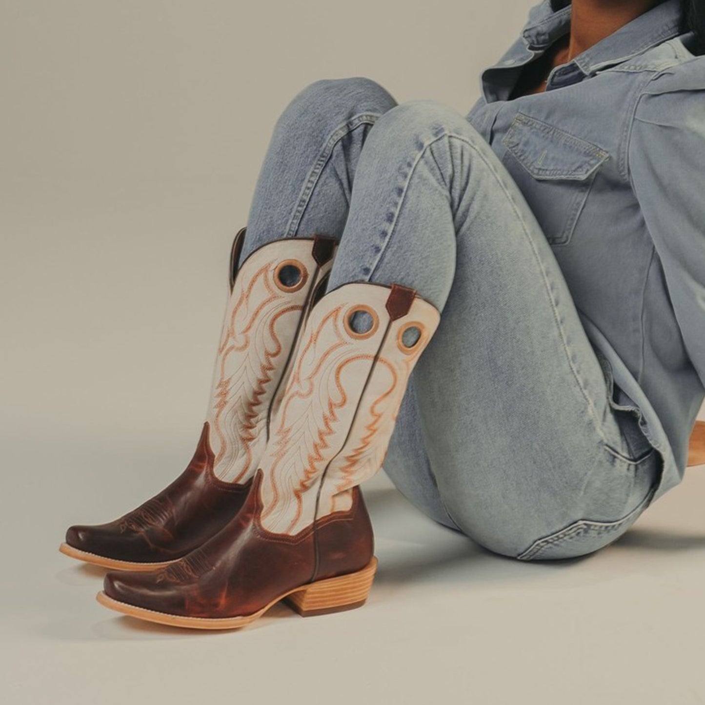Contrast Ivory And Red Square-Toe Embroidery Cutout Mid Calf Cowgirl Boots