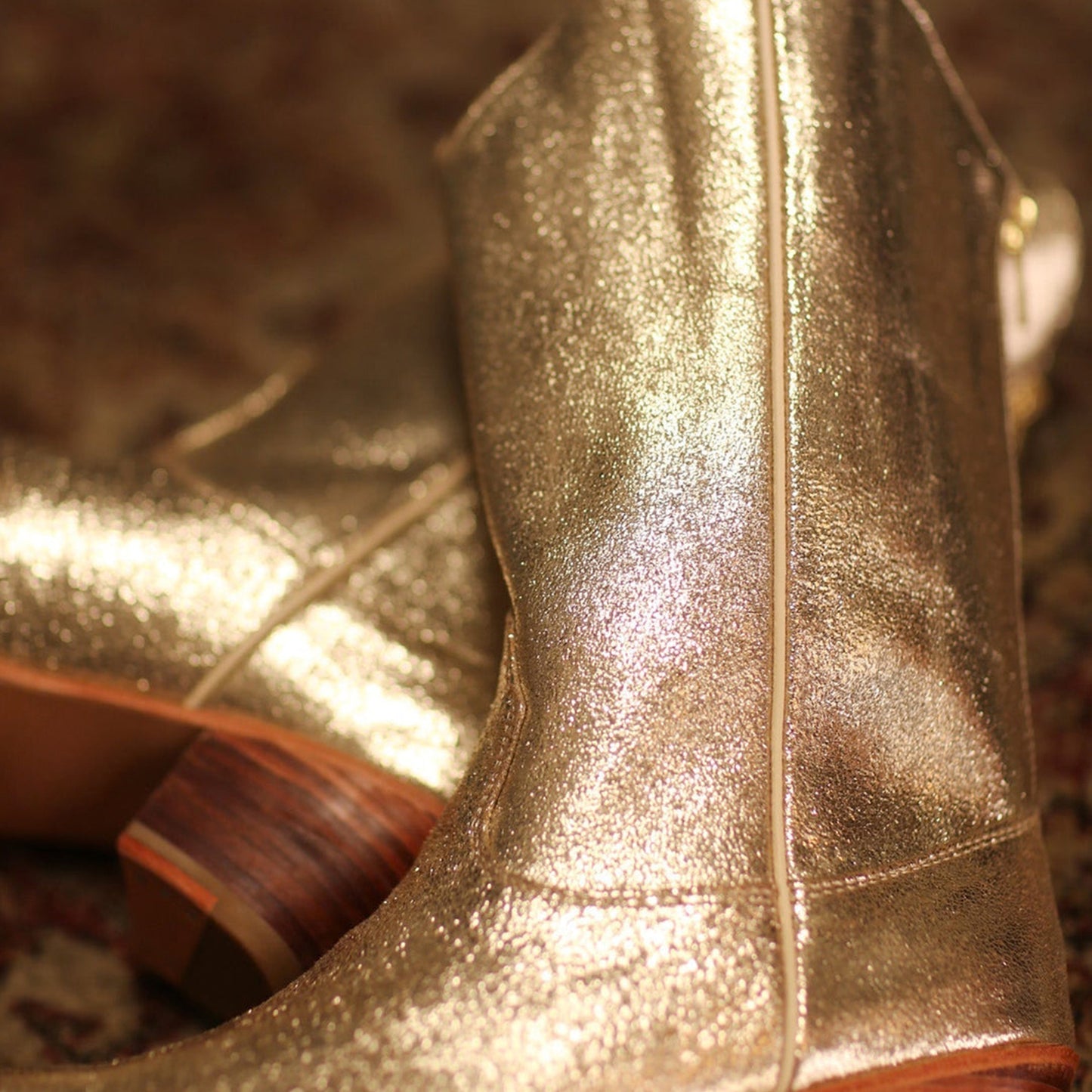 Metallic Gold Almond-Toe Simple Back Full-Zip Mid Calf Cowgirl Boots