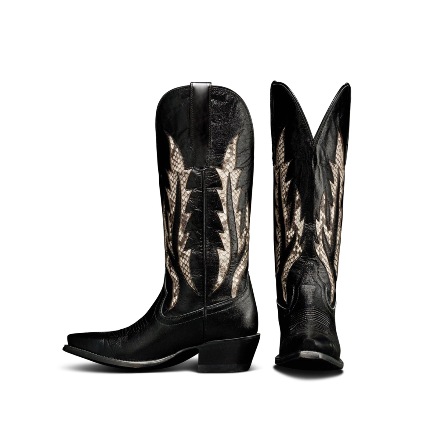 Black Snip-Toe Bone Snakeskin Print Inlay Mid Calf Cowgirl Boots