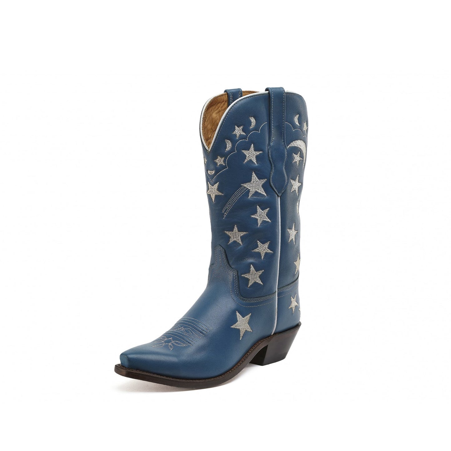 Blue Snip-Toe Stars And Moons Embroidery Mid Calf Cowgirl Boots