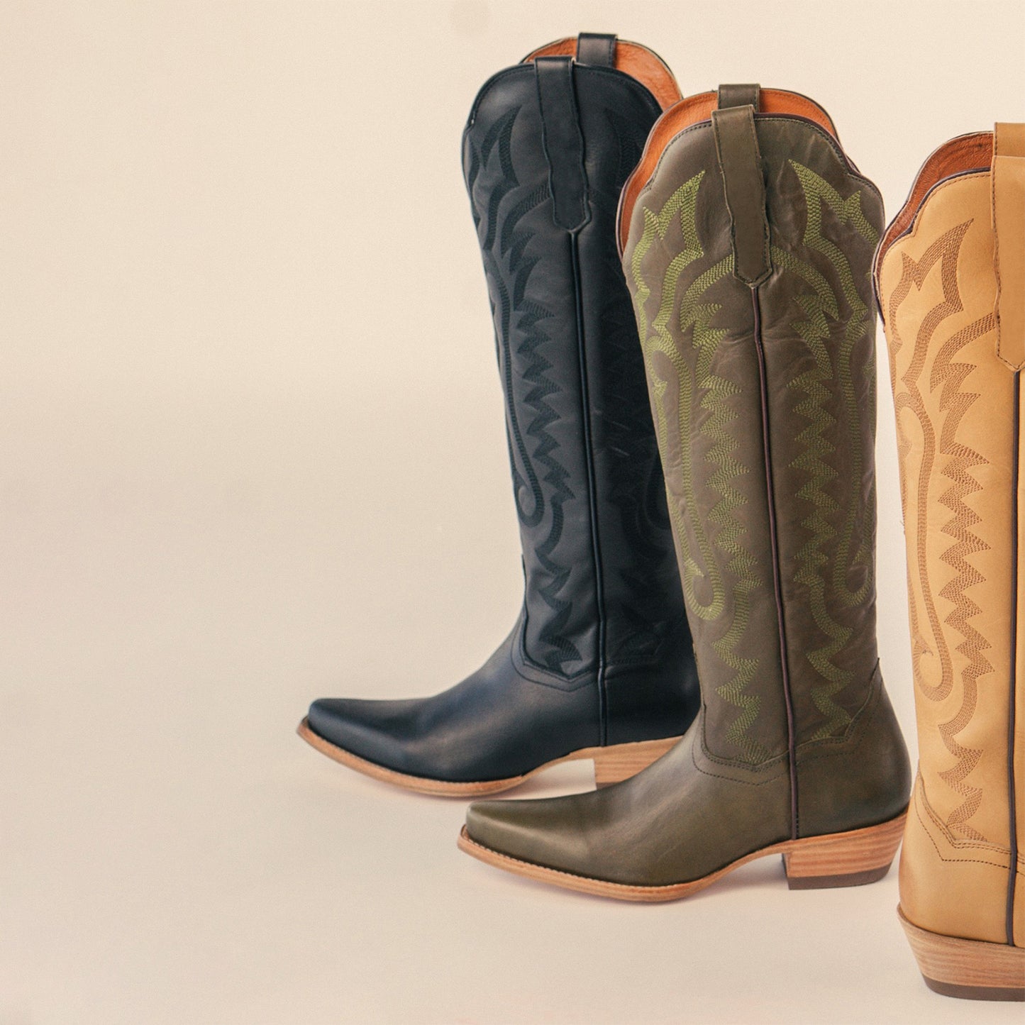 Olive Green Snip-Toe Grace Embroidery Half-Zip Knee High Cowgirl Boots