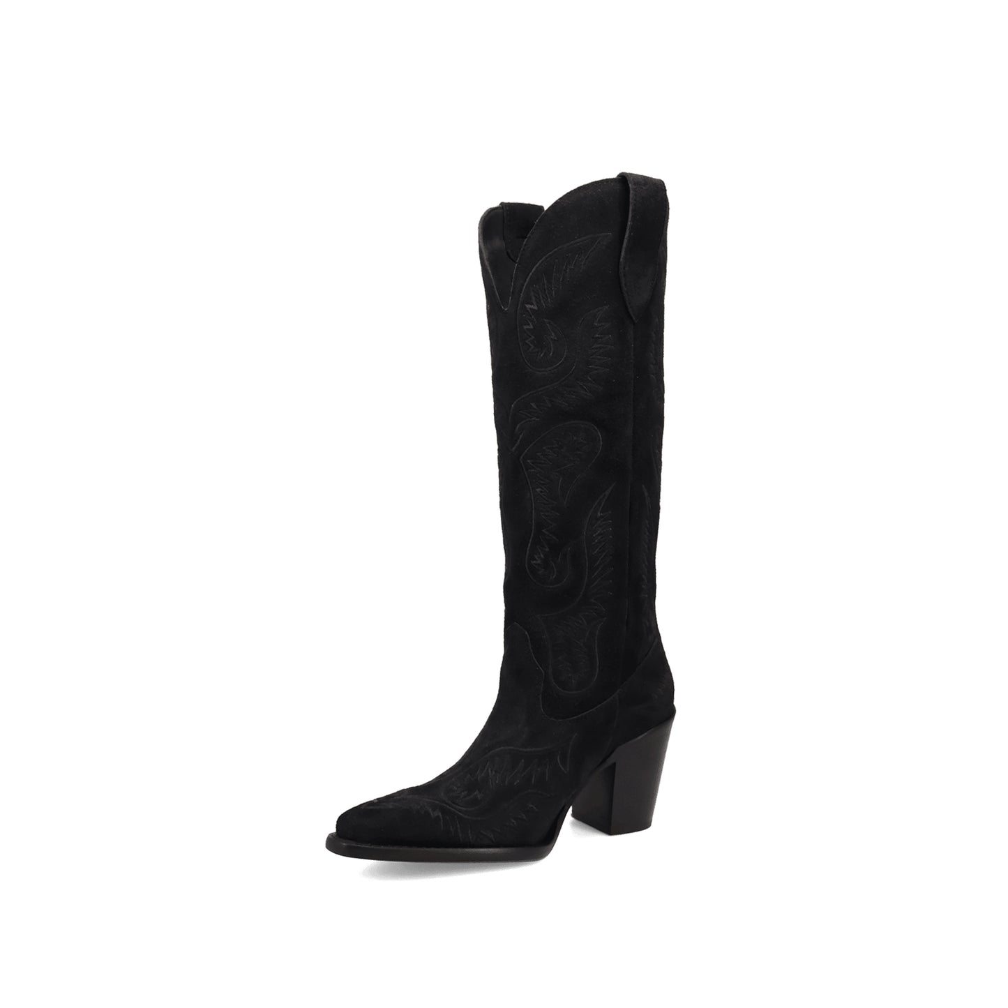 Black Faux Suede Snip-Toe Lively Embroidery Wide Calf Knee High Cowgirl Boots