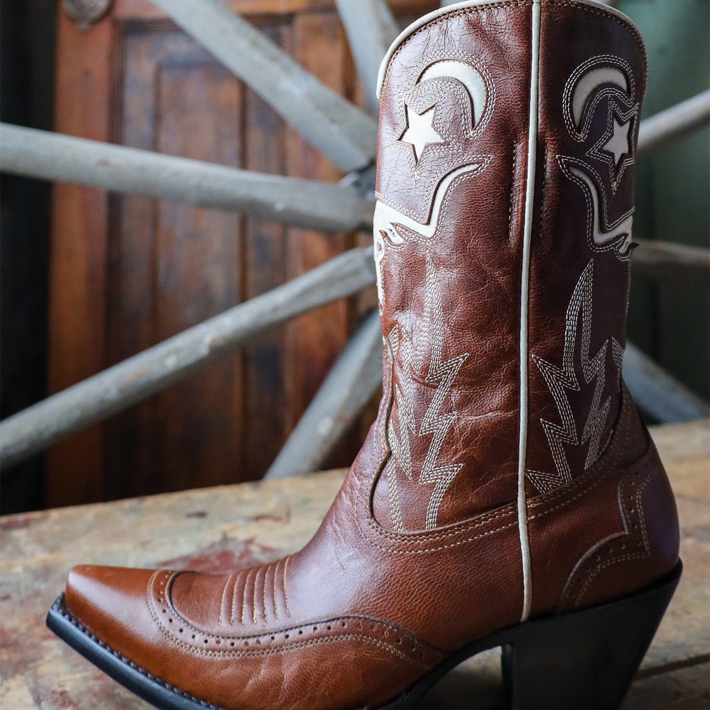 Mahogany Snip-Toe Tauren Moon Stars Inlay And Embroidery Full-Zip Mid Calf Cowgirl Boots