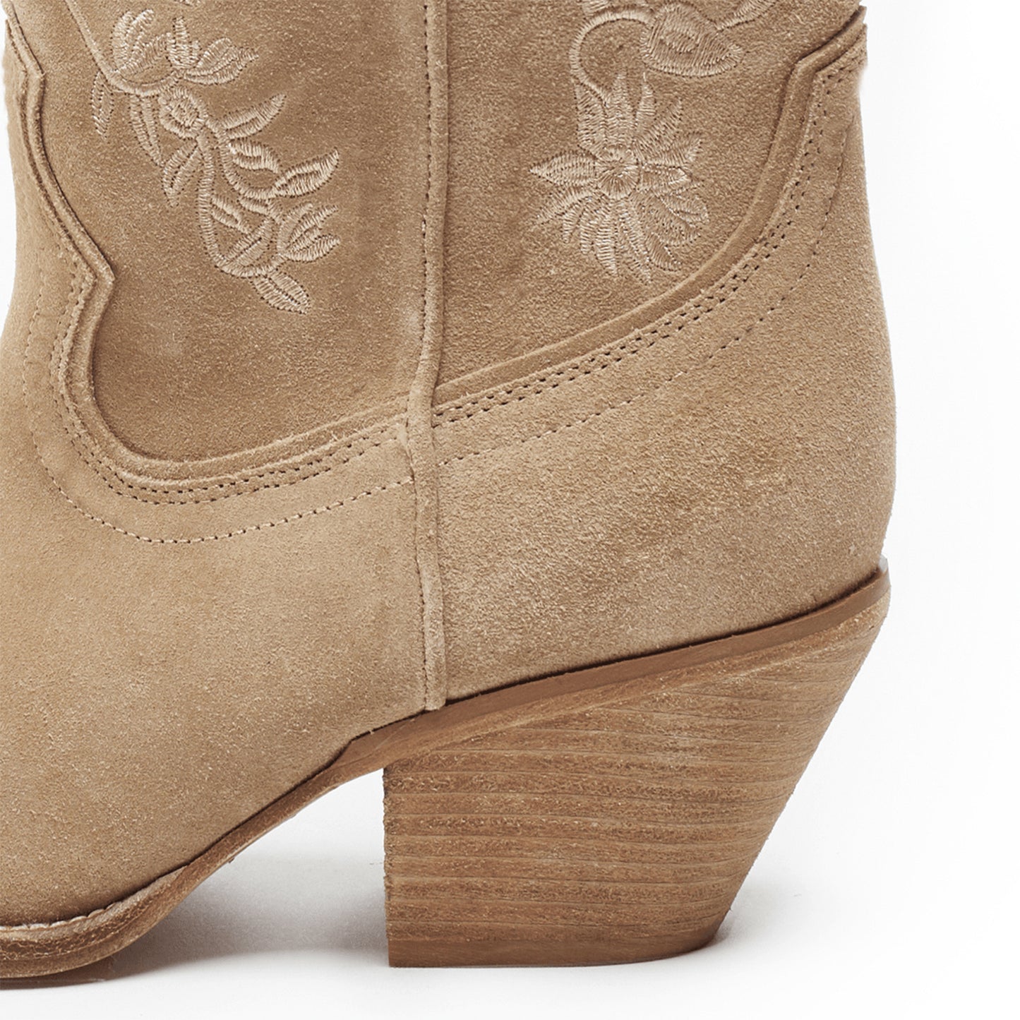 Taupe Faux Suede Round-Toe Chic Flowers Embroidery Ankle Cowgirl Boots