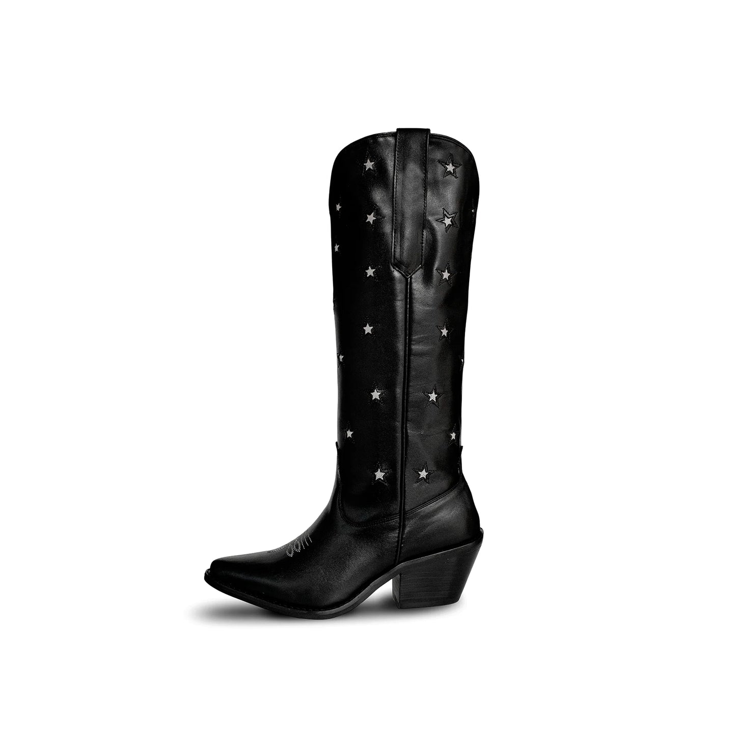 Black Snip-Toe Stars Inlay Wide Calf Knee High Cowgirl Boots