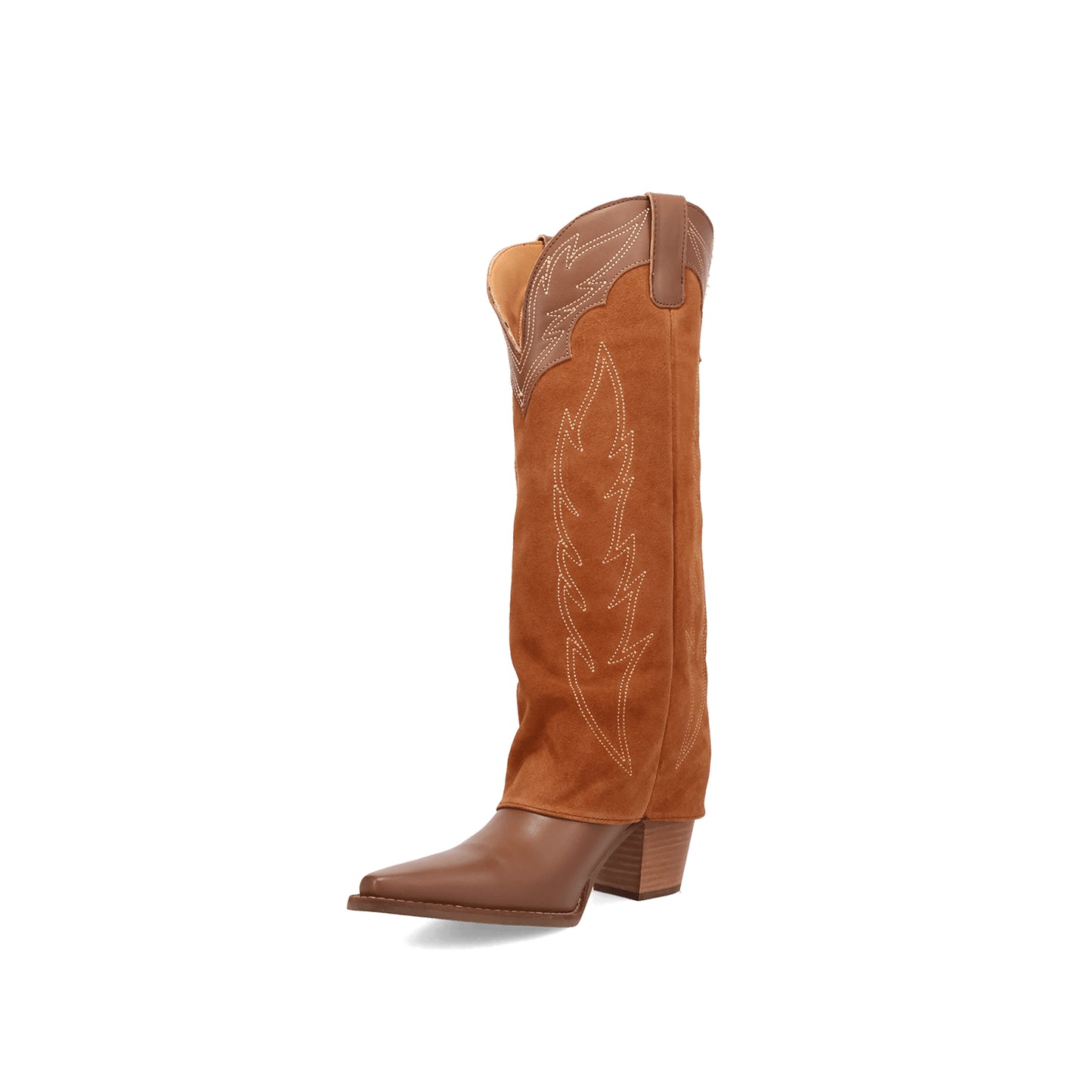 Brown Snip-Toe Faux Suede Fold-Over Embroidery Wide Calf Knee High Cowgirl Boots