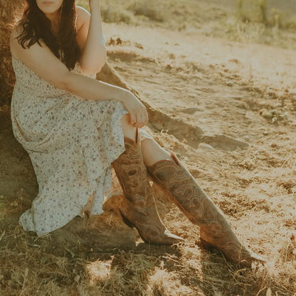 Distressed Brown Snip-Toe Wide Calf Embroidery Knee High Cowgirl Boots