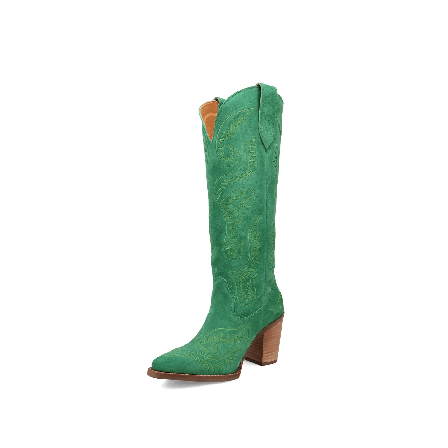 Green Faux Suede Snip-Toe Lively Embroidery Wide Calf Knee High Cowgirl Boots