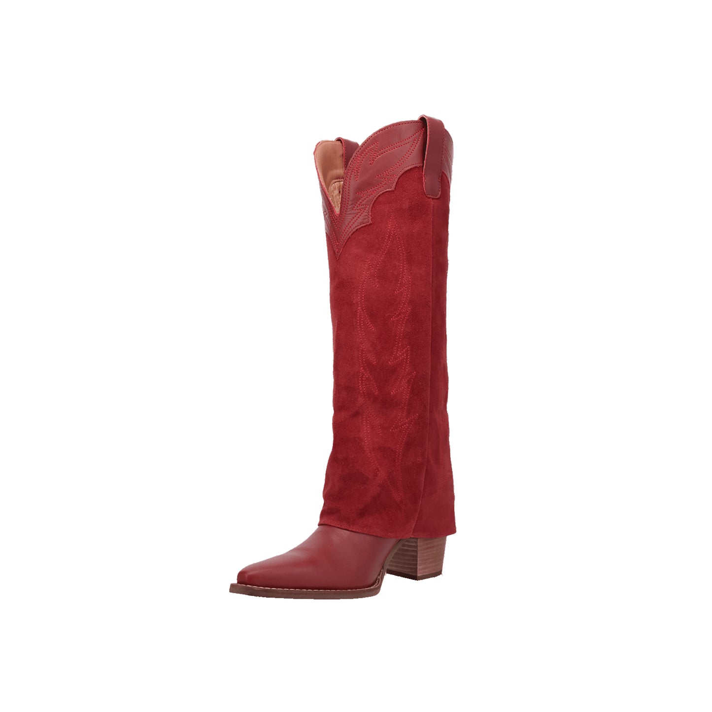 Red Snip-Toe Faux Suede Fold-Over Embroidery Wide Calf Knee High Cowgirl Boots