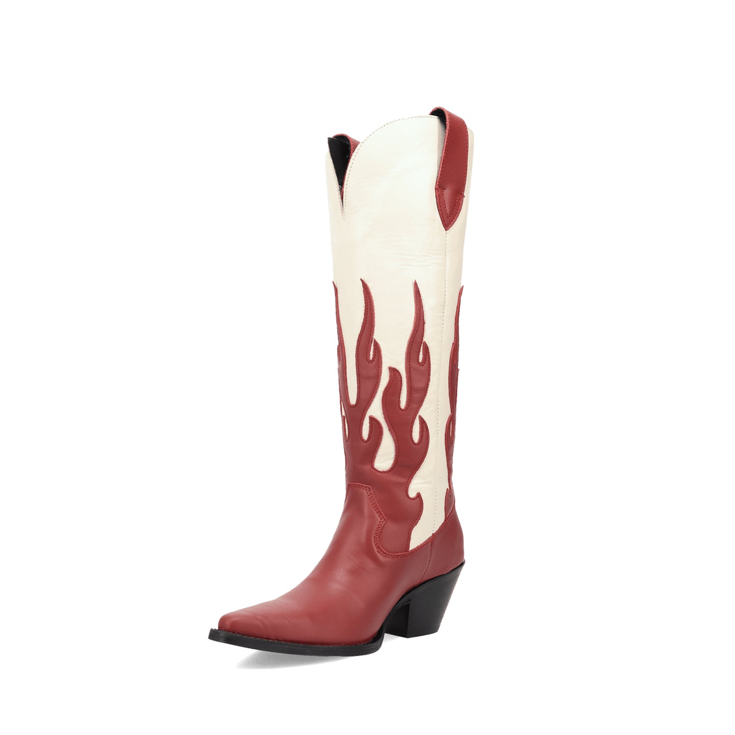 Contrast Red And Ivory Pointed-Toe Flame Appliques Wide Calf Knee High Cowgirl Boots