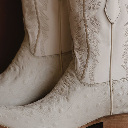White Ostrich-Patterned Snip-Toe Embroidery Mid Calf Cowgirl Boots