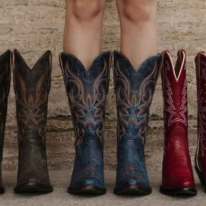 Distressed Dark Blue Snip-Toe Mid Calf Embroidery Cowgirl Boots