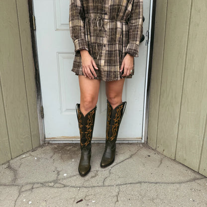 Olive Green Pointed-Toe Embroidery Full-Zip Knee High Cowgirl Boots