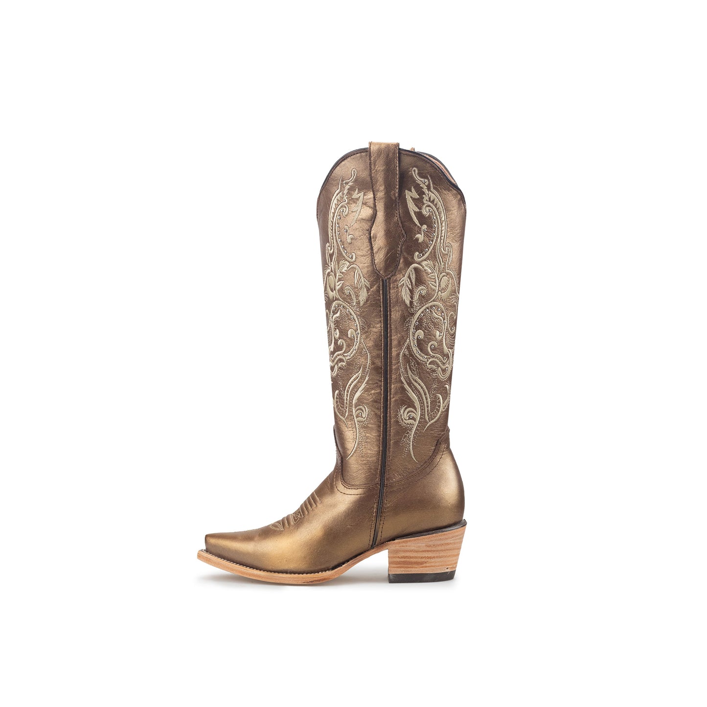 Metallic Bronze Snip-Toe Embroidery Studded Half-Zip Knee High Cowgirl Boots