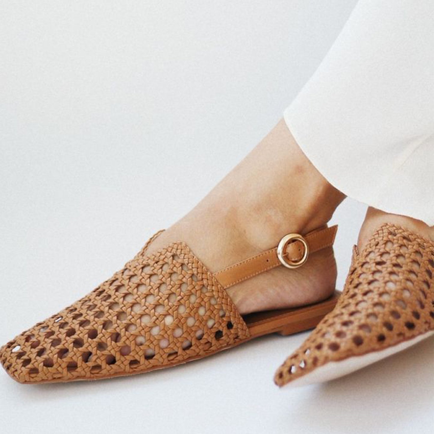 Ochre Woven Vegan Leather Square-Toe Buckle Slingback Flats