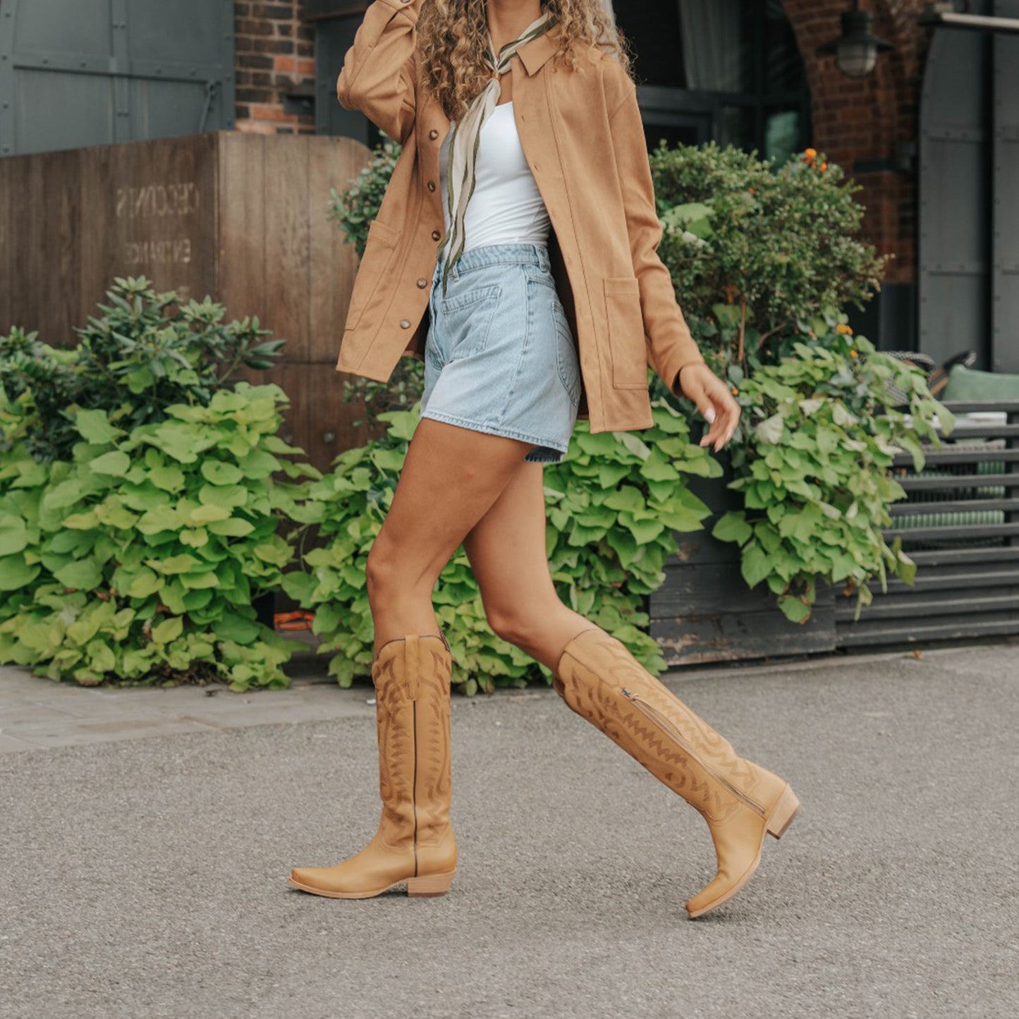 Tan Snip-Toe Grace Embroidery Half-Zip Knee High Cowgirl Boots