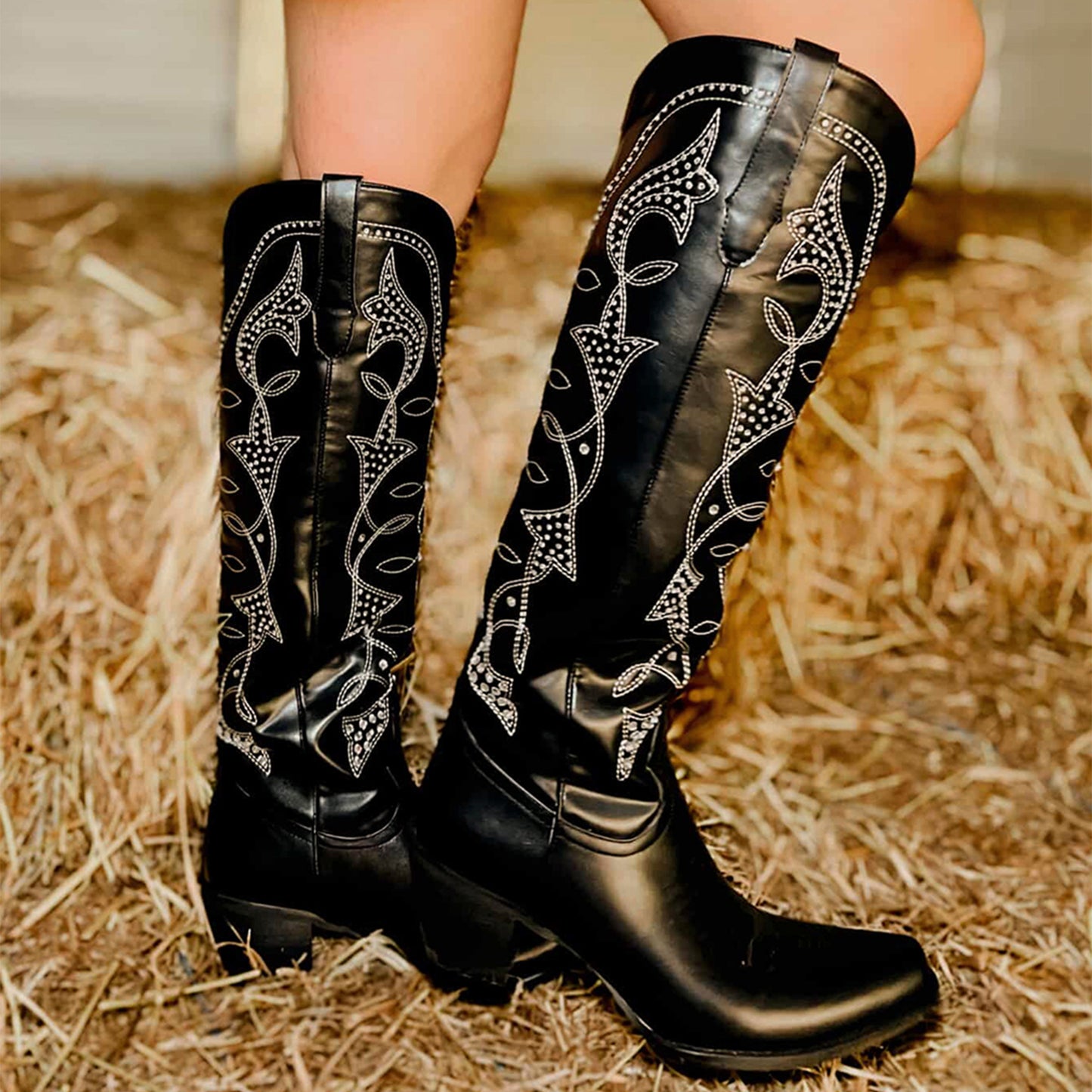 Black Snip-Toe Rhinestone Embroidery Half-Zip Knee High Cowgirl Boots