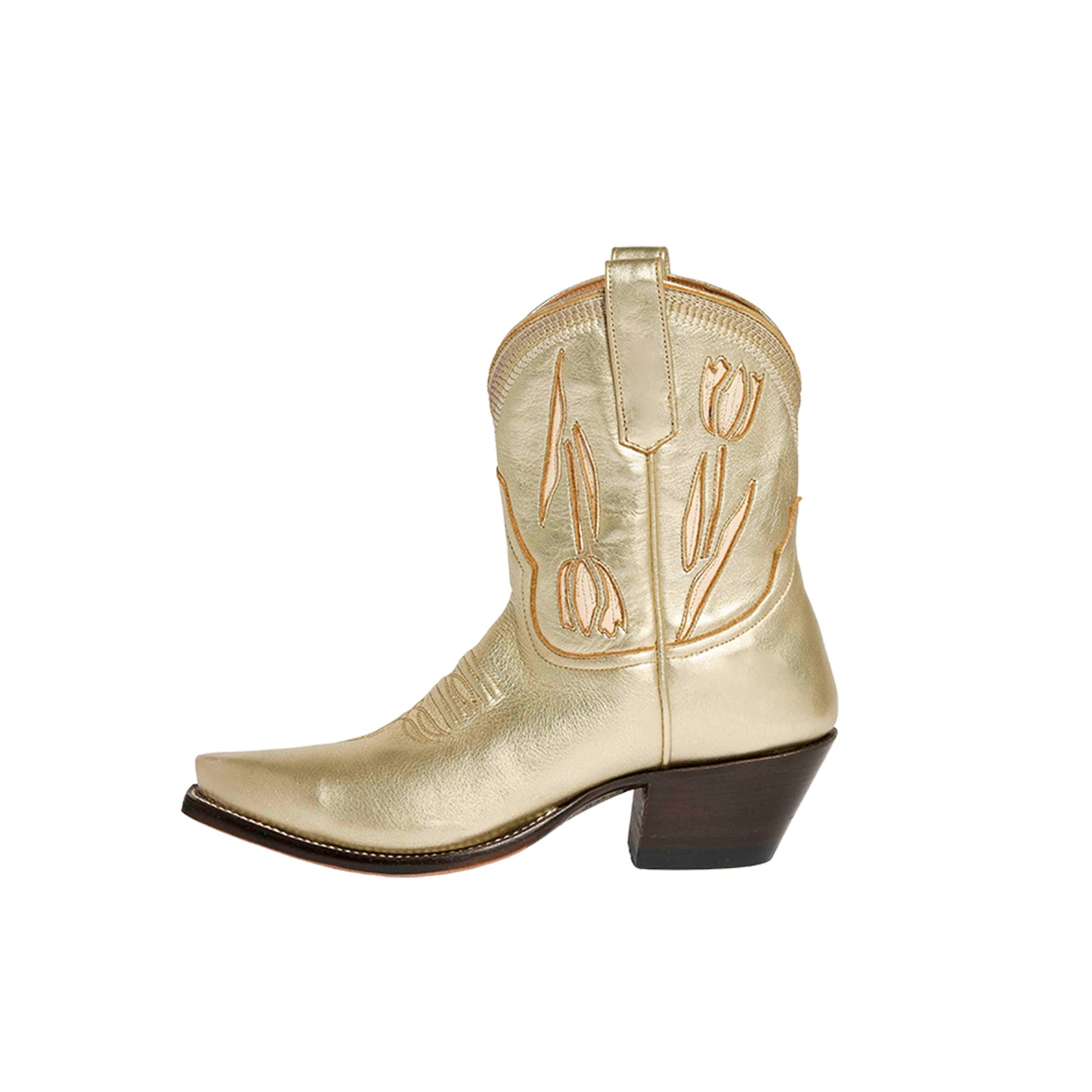 Metallic Gold Snip-Toe Tulip Inlay Ankle Cowgirl Boots