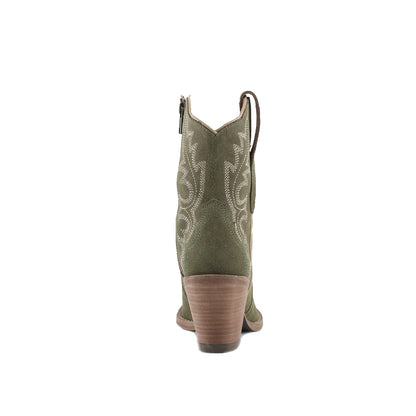 Olive Green Faux Suede Snip-Toe Embroidery Ankle Cowgirl Boots