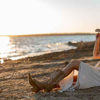 Sand Faux Suede Snip-Toe Mid Calf Embroidery Cowgirl Boots