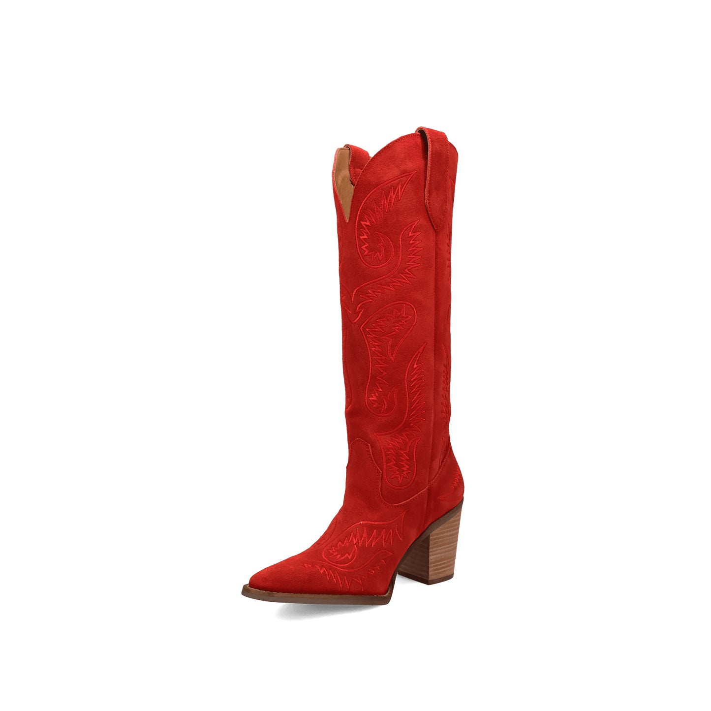 Red Faux Suede Snip-Toe Lively Embroidery Wide Calf Knee High Cowgirl Boots