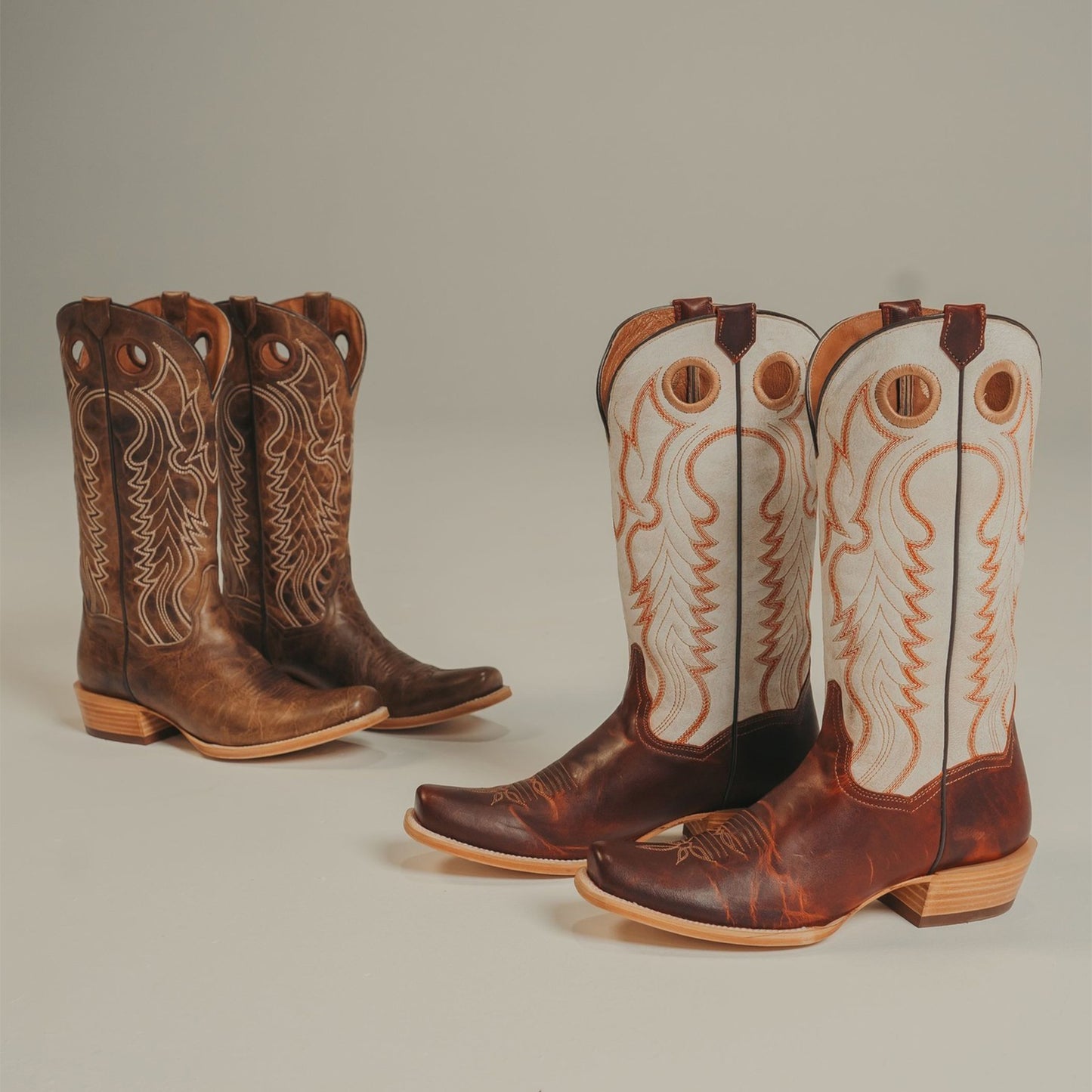 Camel Square-Toe Embroidery Cutout Mid Calf Cowgirl Boots