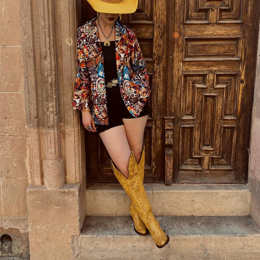 Yellow Snakeskin Snip-Toe Half-Zip Over-The-Knee Cowgirl Boots