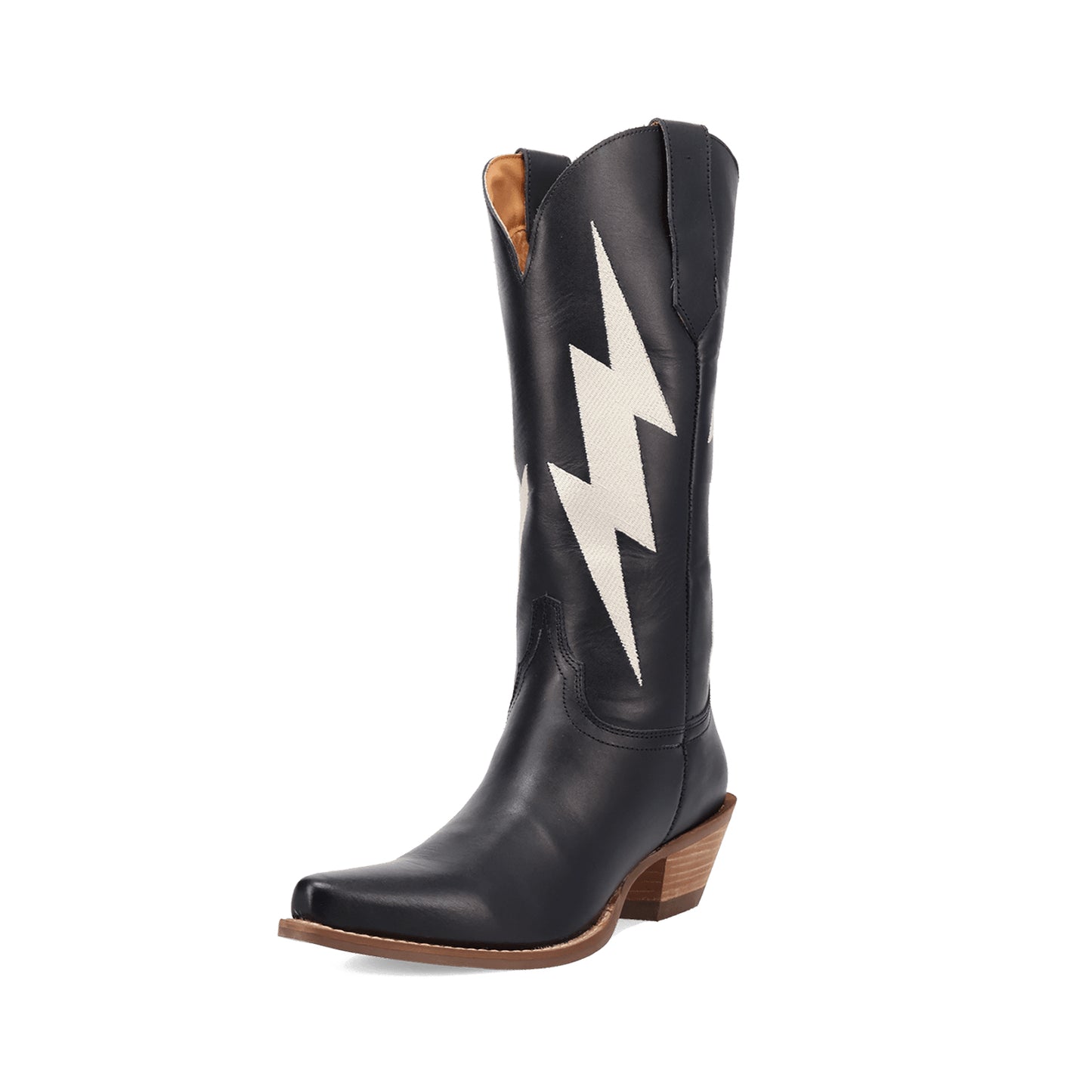 Black Snip-Toe Lightning Embroidery Mid Calf Classic Cowgirl Boots