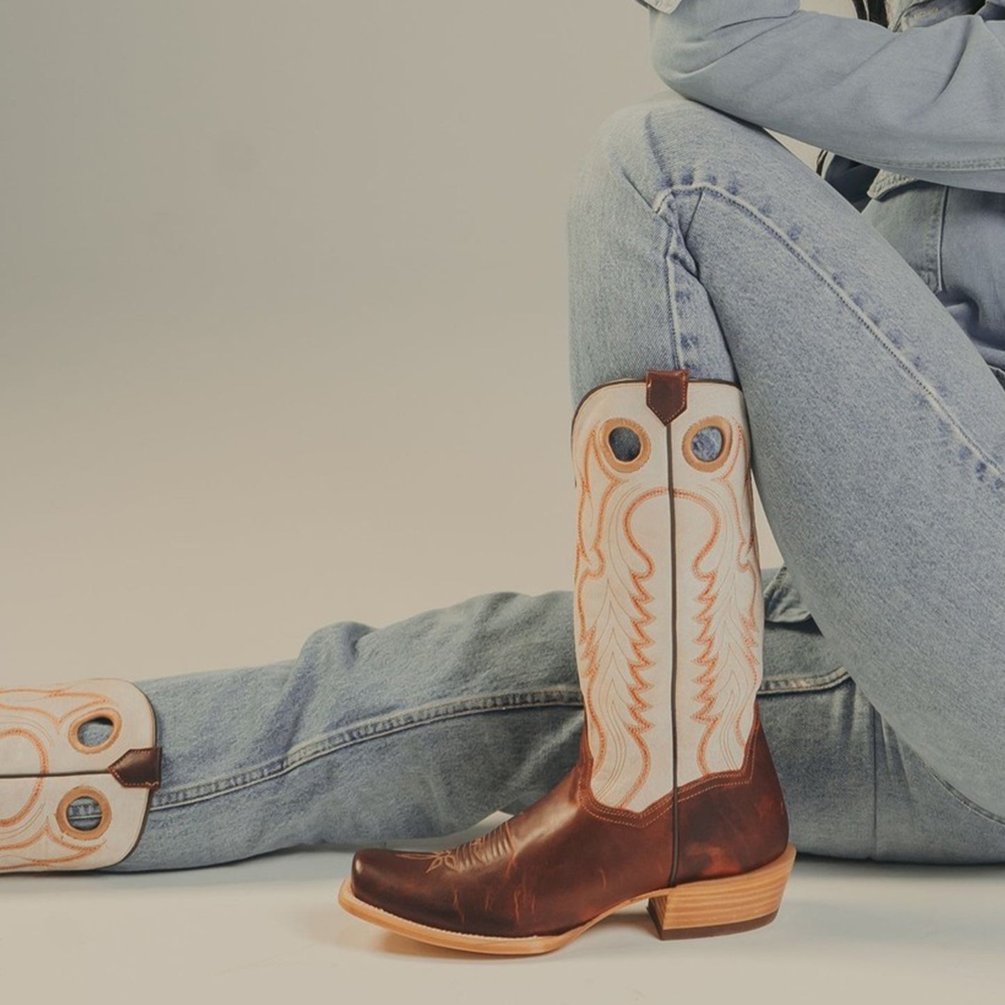 Contrast Ivory And Red Square-Toe Embroidery Cutout Mid Calf Cowgirl Boots
