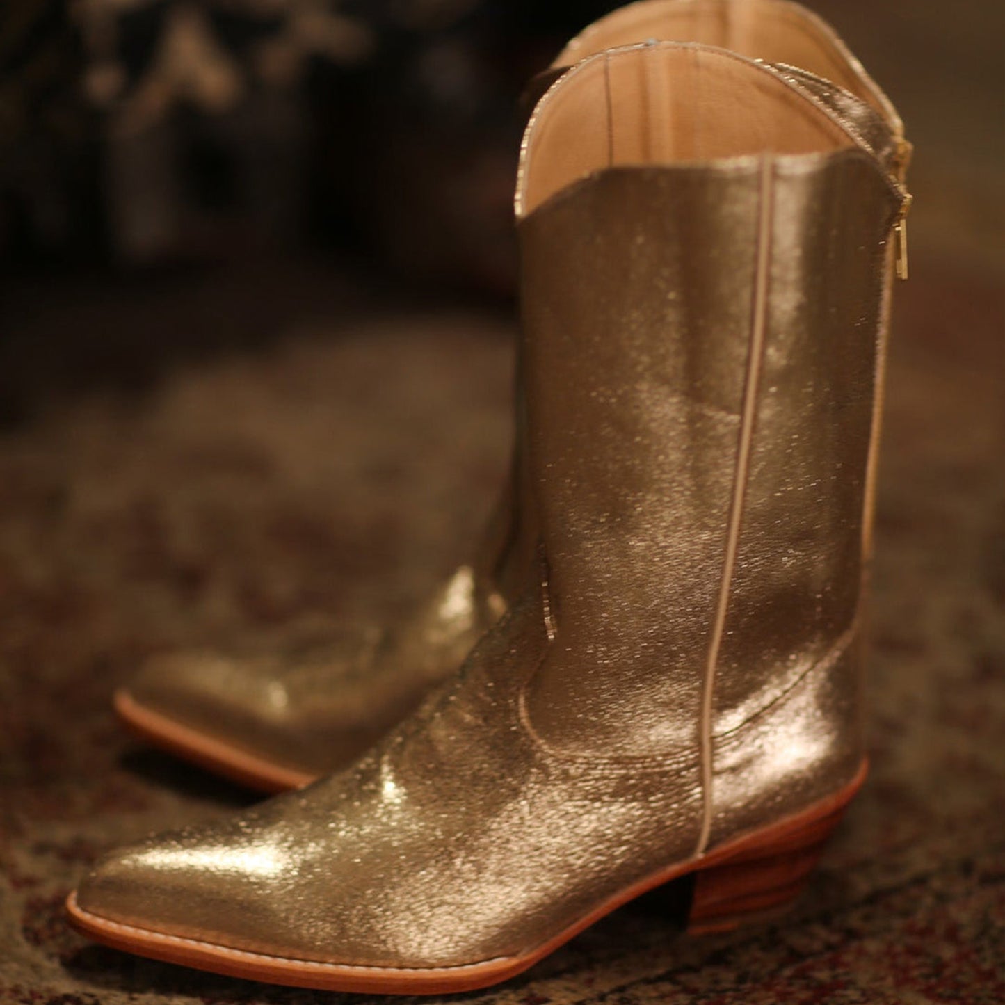 Metallic Gold Almond-Toe Simple Back Full-Zip Mid Calf Cowgirl Boots