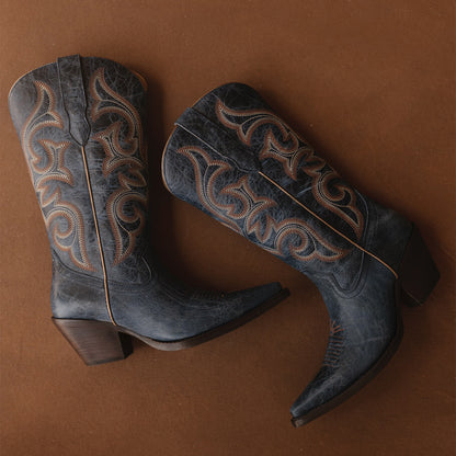 Distressed Dark Blue Snip-Toe Mid Calf Embroidery Cowgirl Boots