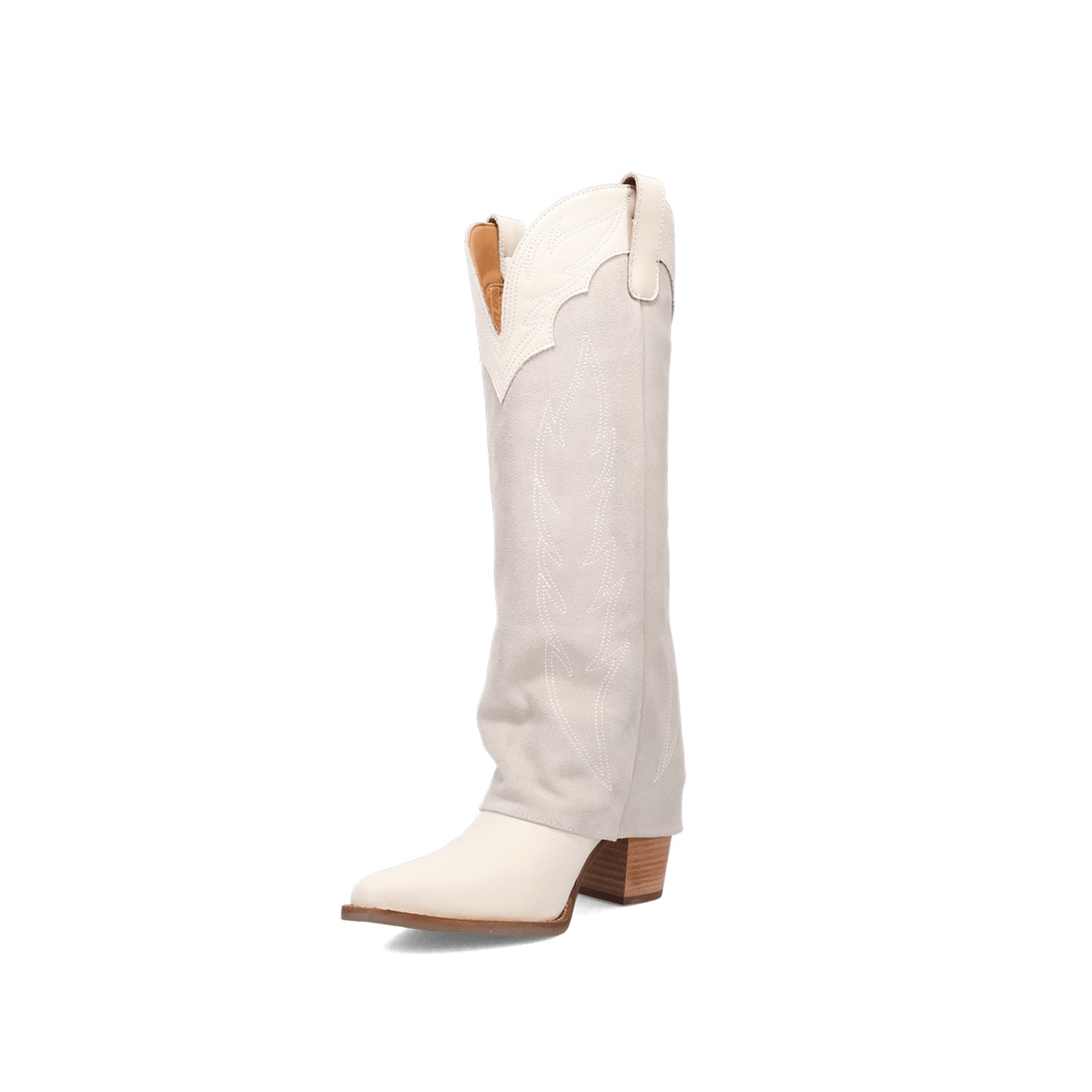 White Snip-Toe Faux Suede Fold-Over Embroidery Wide Calf Knee High Cowgirl Boots