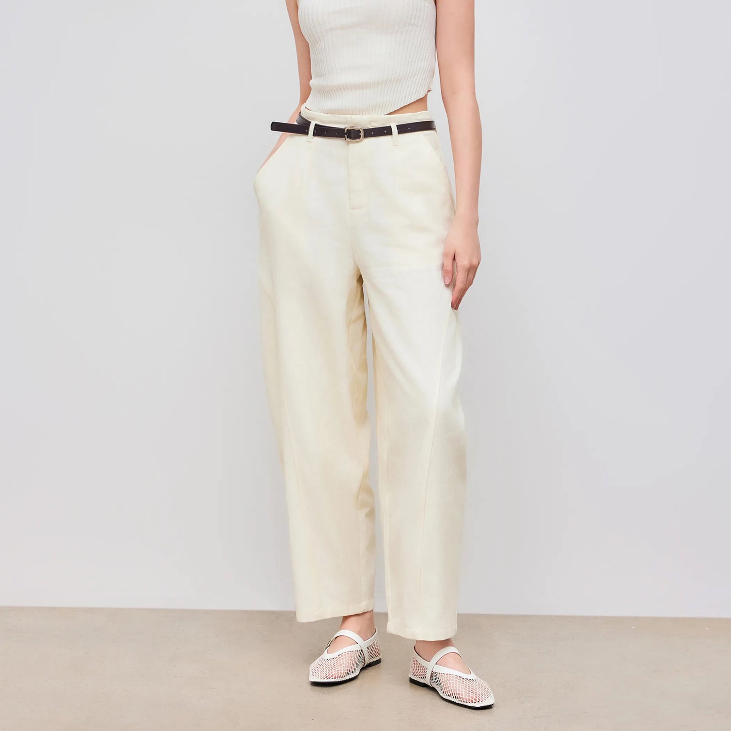 White Mesh And Patent Leather Square-Toe Mary Jane Ballet Flats