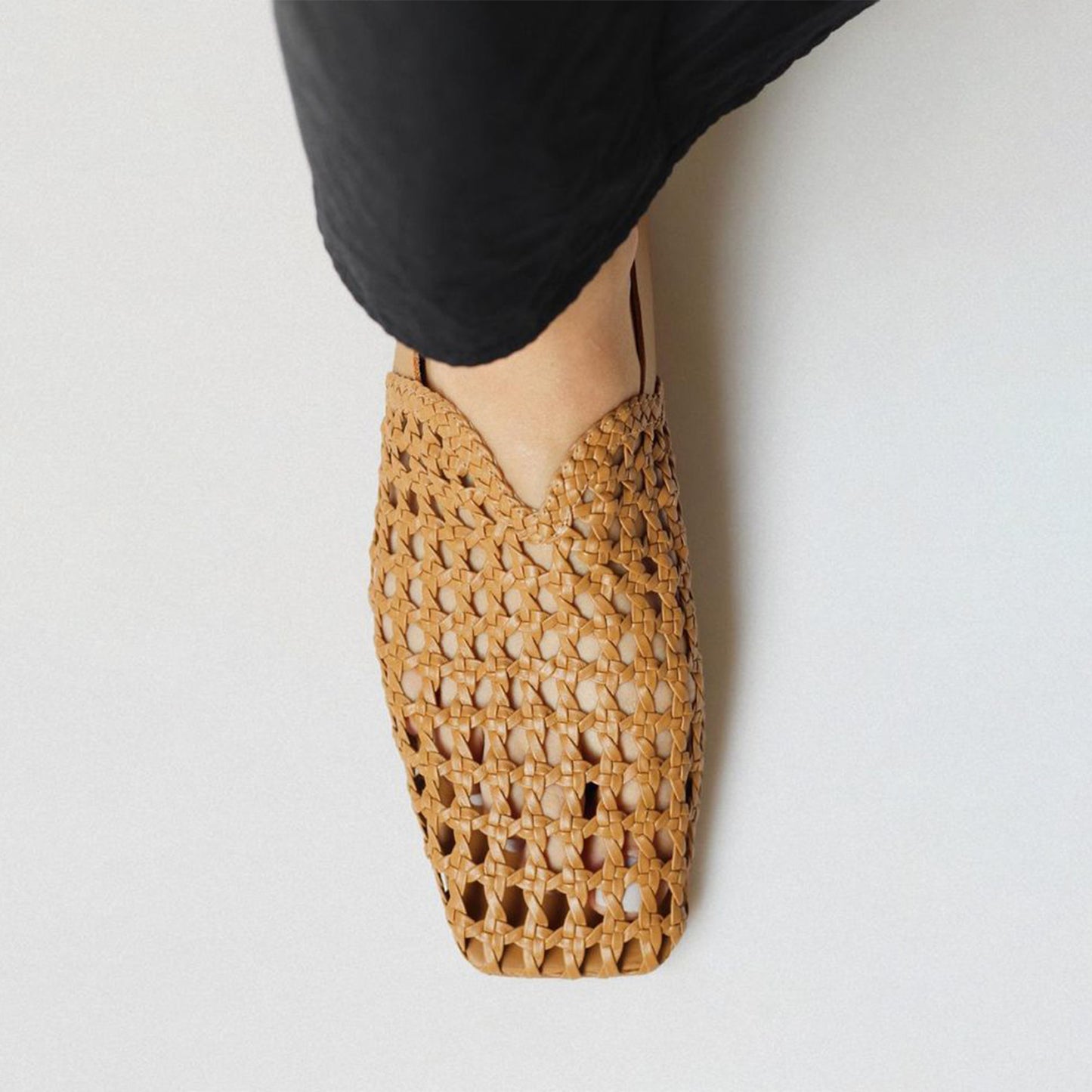 Ochre Woven Vegan Leather Square-Toe Buckle Slingback Flats