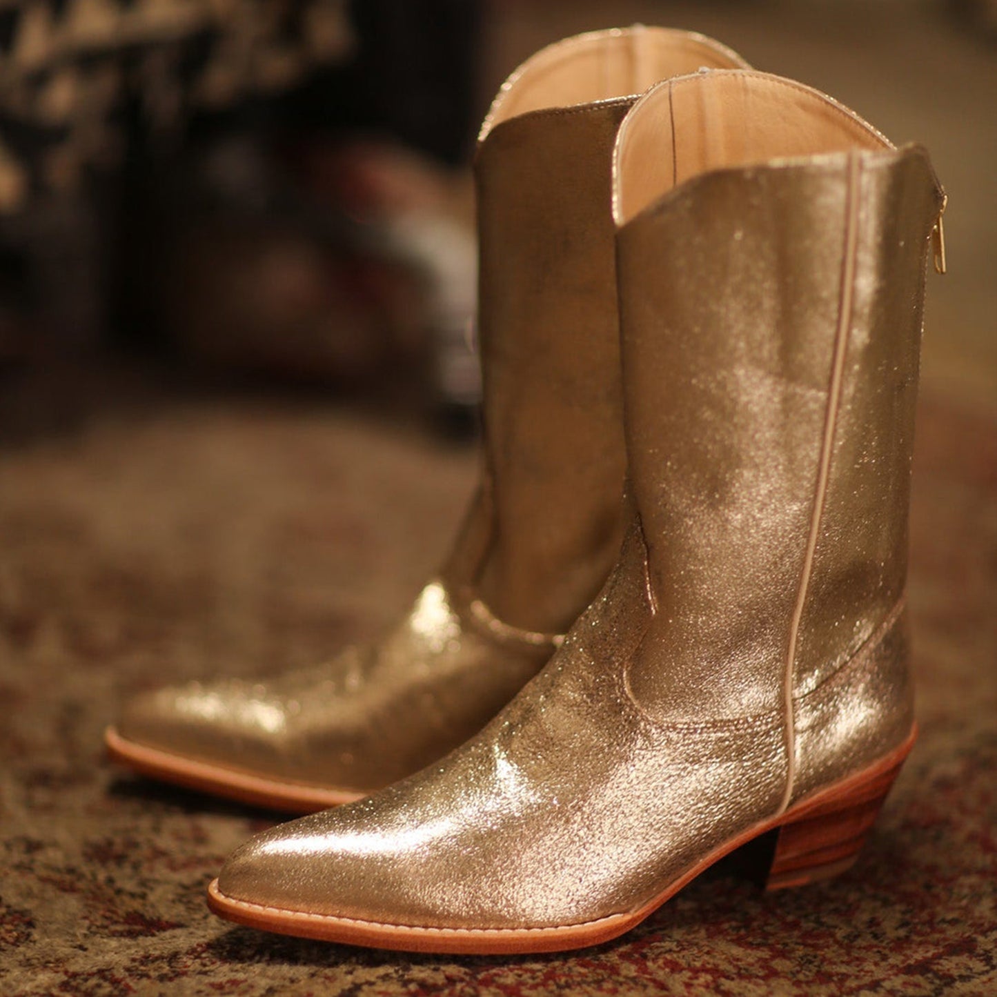 Metallic Gold Almond-Toe Simple Back Full-Zip Mid Calf Cowgirl Boots