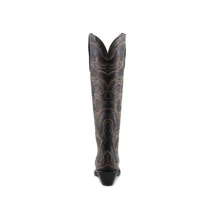 Distressed Black Snip-Toe Wide Calf Embroidery Knee High Cowgirl Boots