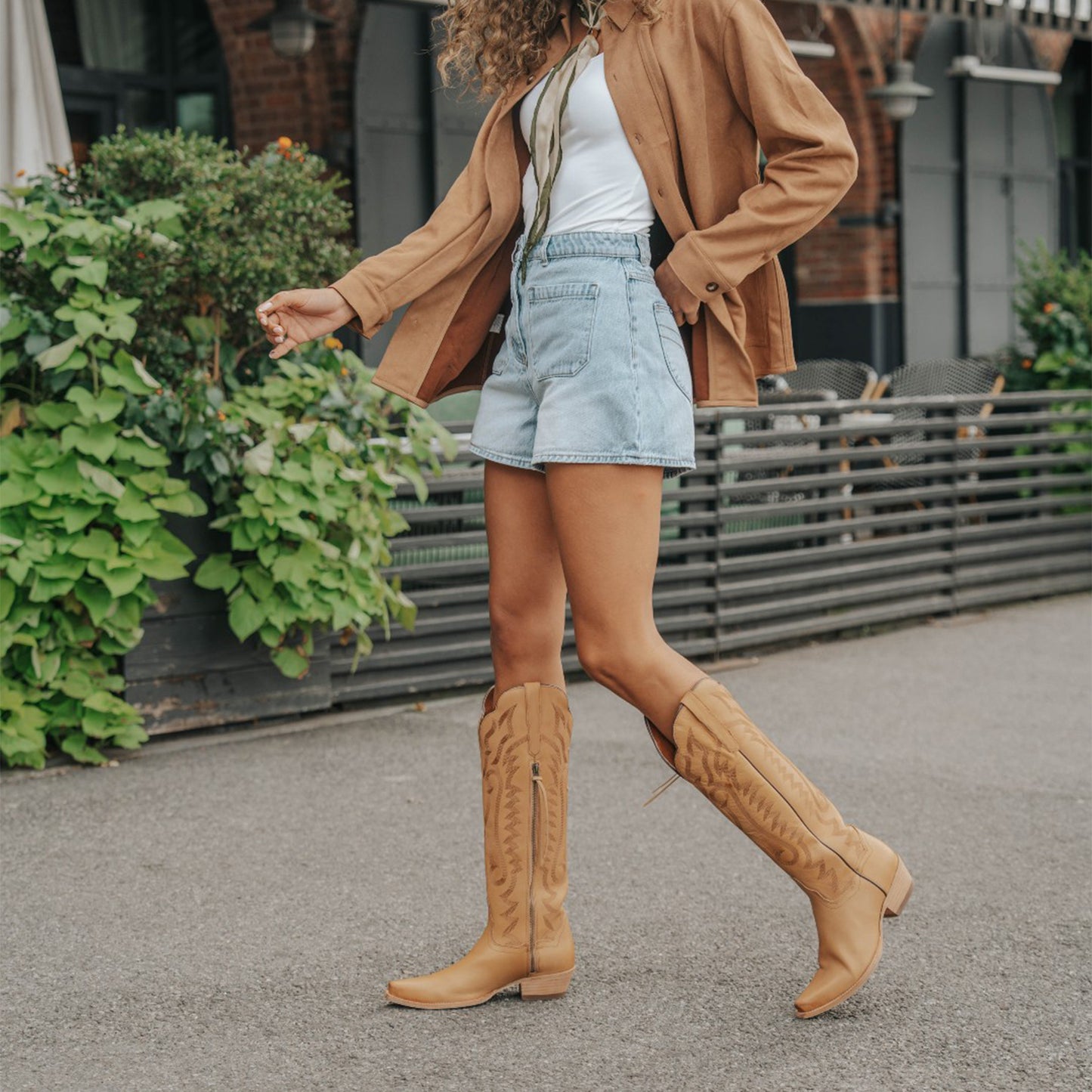 Tan Snip-Toe Grace Embroidery Half-Zip Knee High Cowgirl Boots