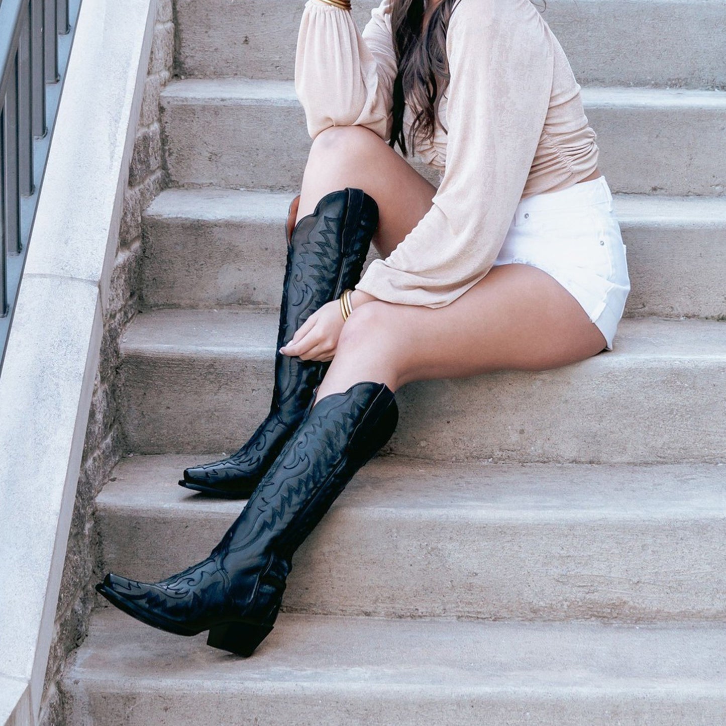 Black Snip-Toe Chic Embroidery And Appliques Wide Calf Knee High Cowgirl Boots