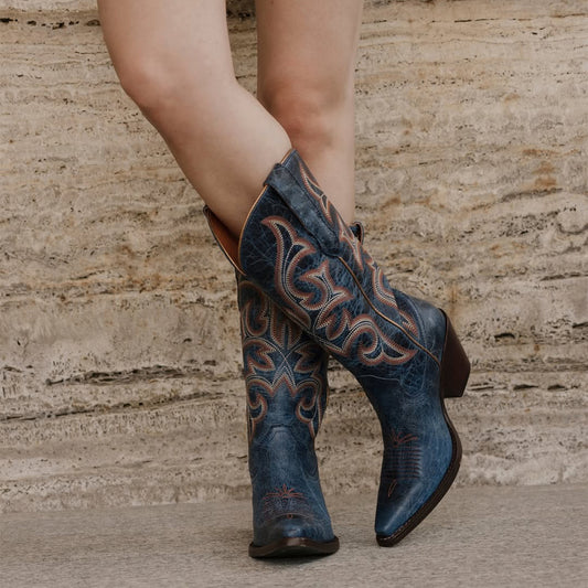 Distressed Dark Blue Snip-Toe Mid Calf Embroidery Cowgirl Boots